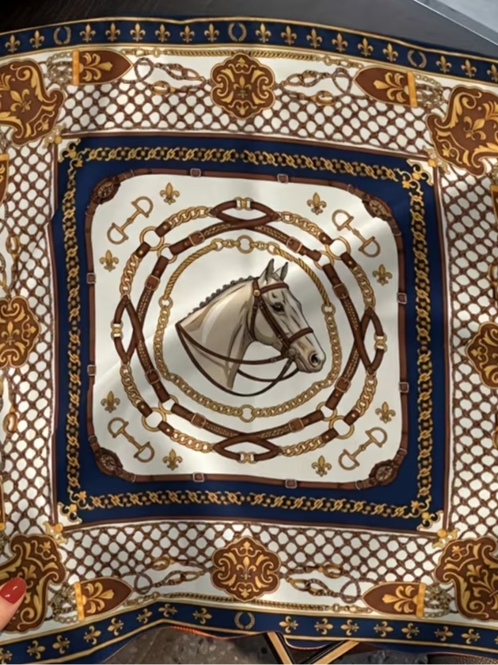 Decorative Horse-Print Scarf in Navy and Gold